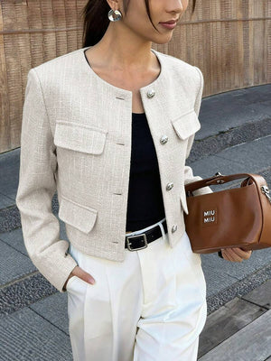 Brynlee | Round Neck Textured Button Front Jacket, Cropped Elegant Coat oaklynwear