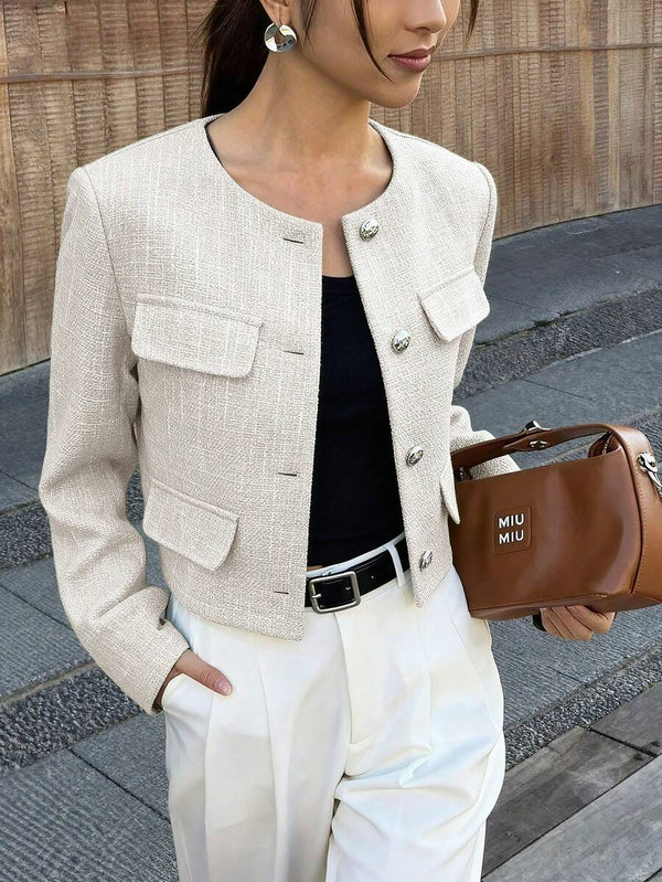 Brynlee | Round Neck Textured Button Front Jacket, Cropped Elegant Coat oaklynwear