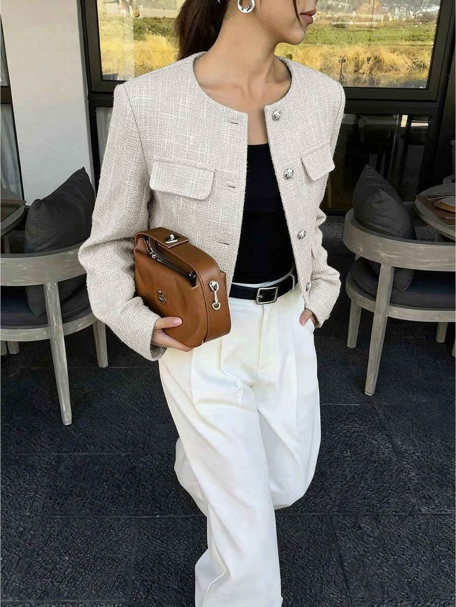 Betsy Round Neck Textured Button Front Jacket - view 8