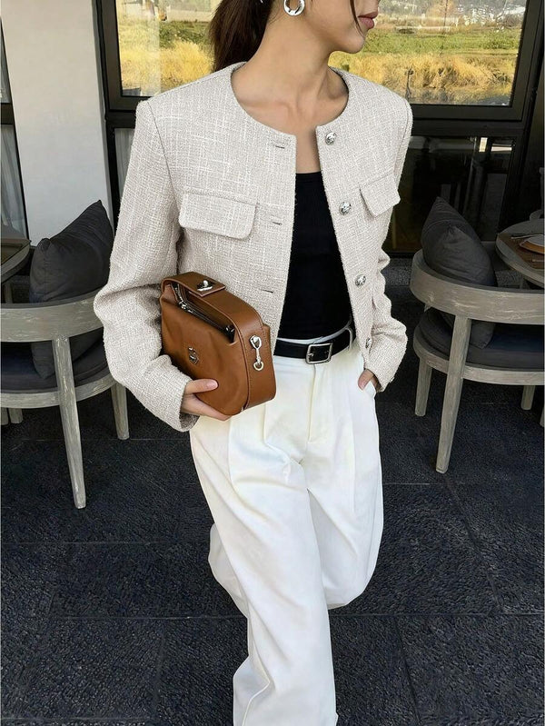 Brynlee | Round Neck Textured Button Front Jacket, Cropped Elegant Coat oaklynwear