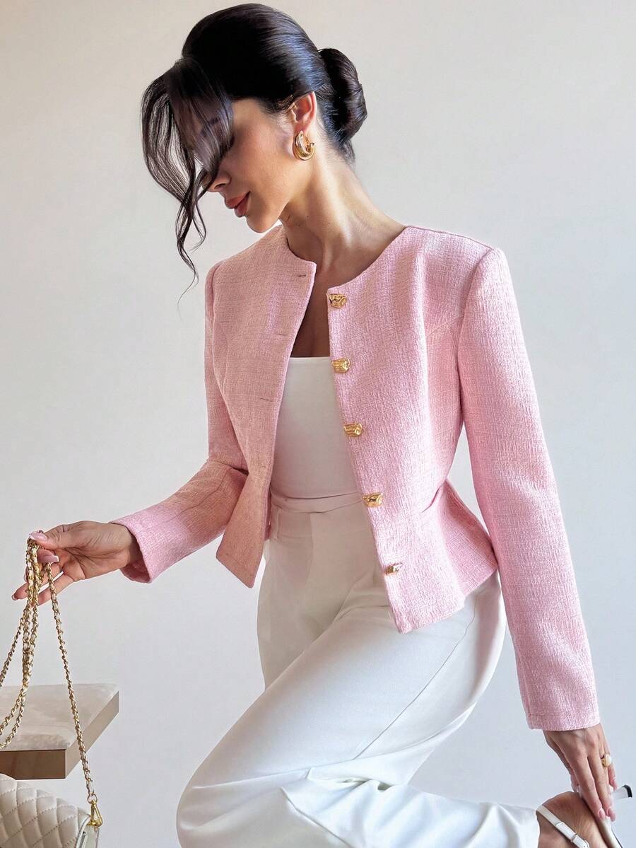 Marnie Round Neck Textured Button Front Jacket - view 3