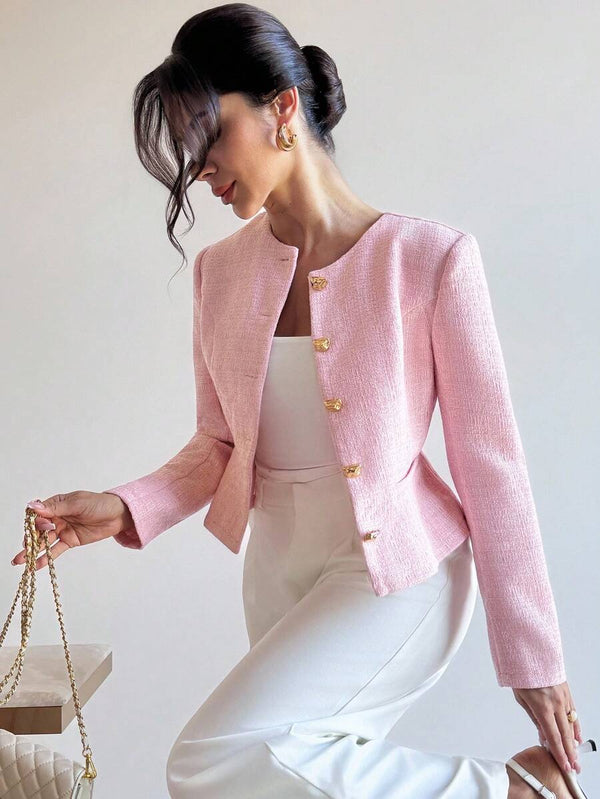 Eliza | Round Neck Textured Button Front Jacket, Elegant Tailored Coat oaklynwear