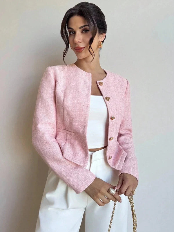 Eliza | Round Neck Textured Button Front Jacket, Elegant Tailored Coat oaklynwear