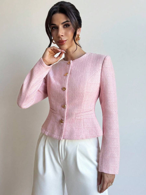 Eliza | Round Neck Textured Button Front Jacket, Elegant Tailored Coat oaklynwear