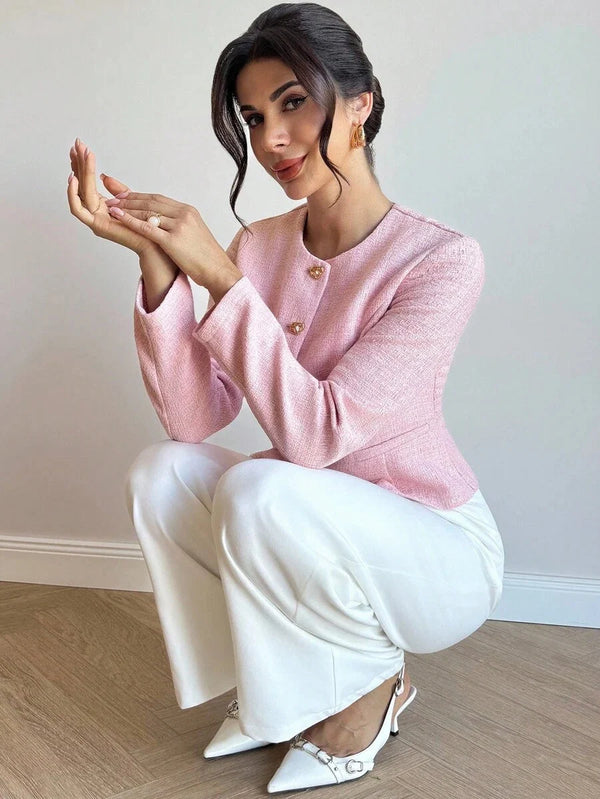 Eliza | Round Neck Textured Button Front Jacket, Elegant Tailored Coat oaklynwear