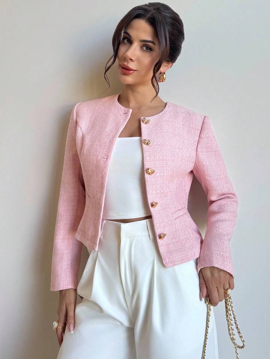 Marnie Round Neck Textured Button Front Jacket - view 7