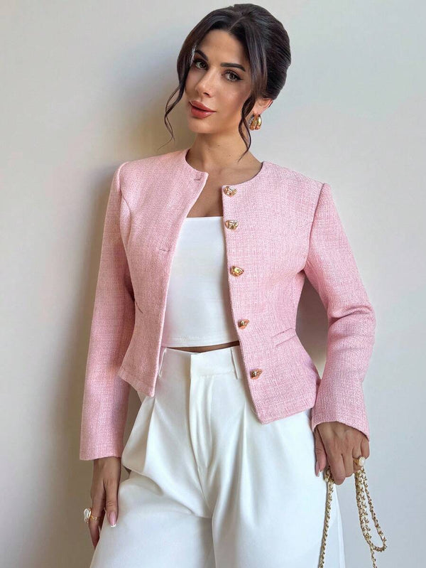 Eliza | Round Neck Textured Button Front Jacket, Elegant Tailored Coat oaklynwear