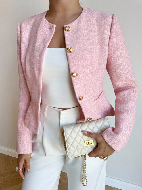 Eliza | Round Neck Textured Button Front Jacket, Elegant Tailored Coat oaklynwear