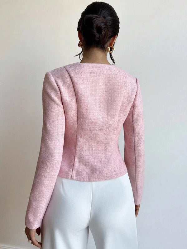 Eliza | Round Neck Textured Button Front Jacket, Elegant Tailored Coat oaklynwear