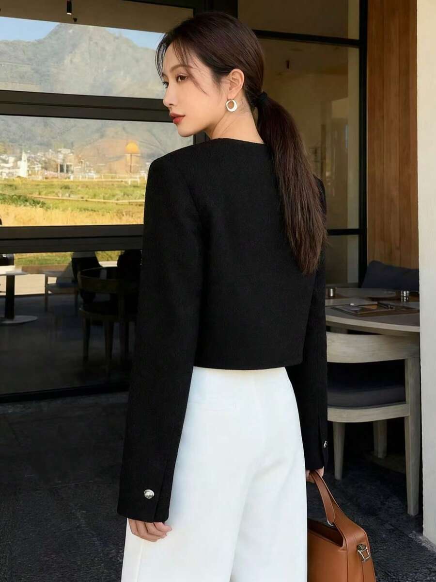Betsy Round Neck Textured Button Front Jacket - view 6