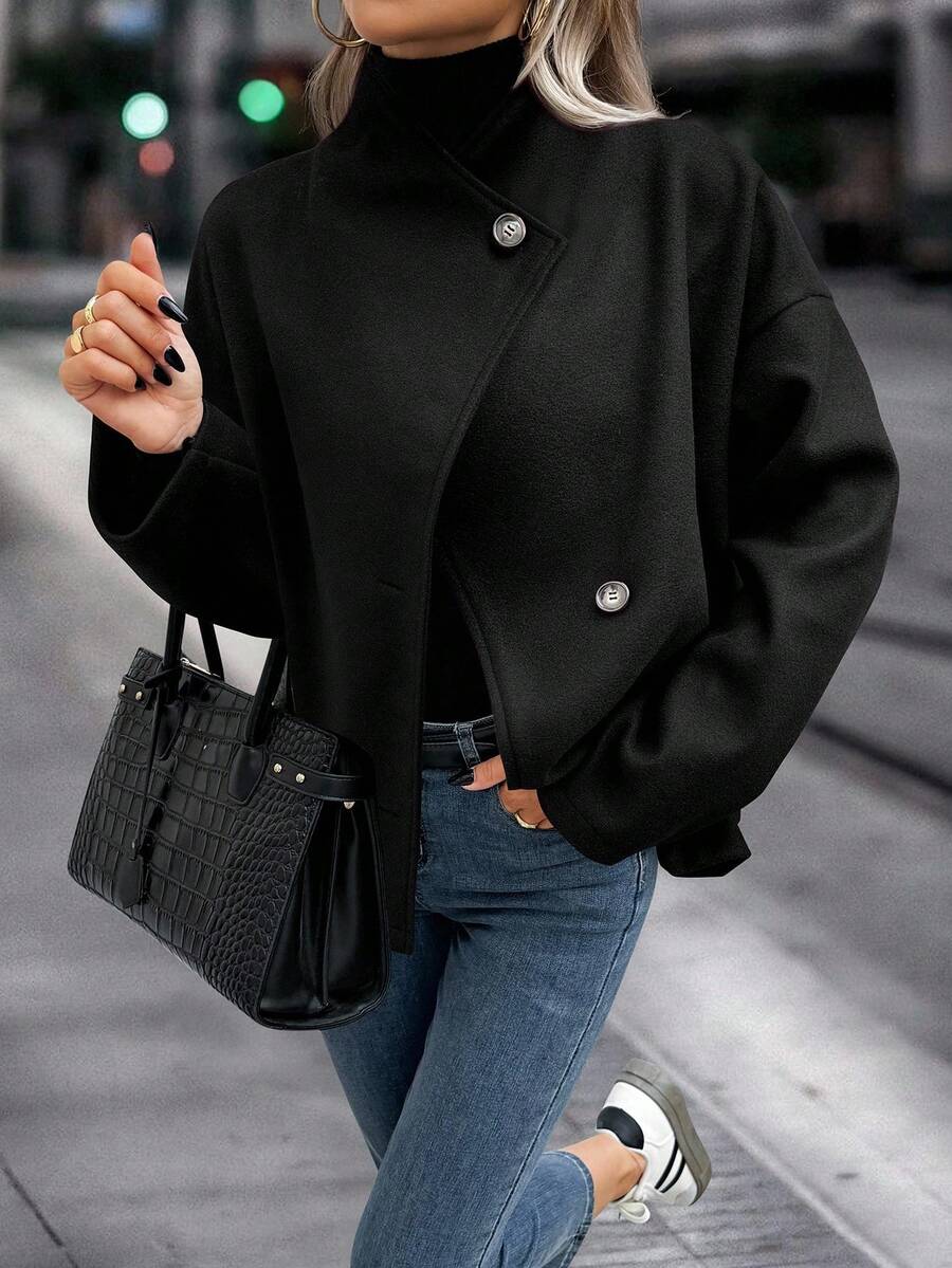 Elodie Asymmetrical Stand Collar Overcoat - view 12