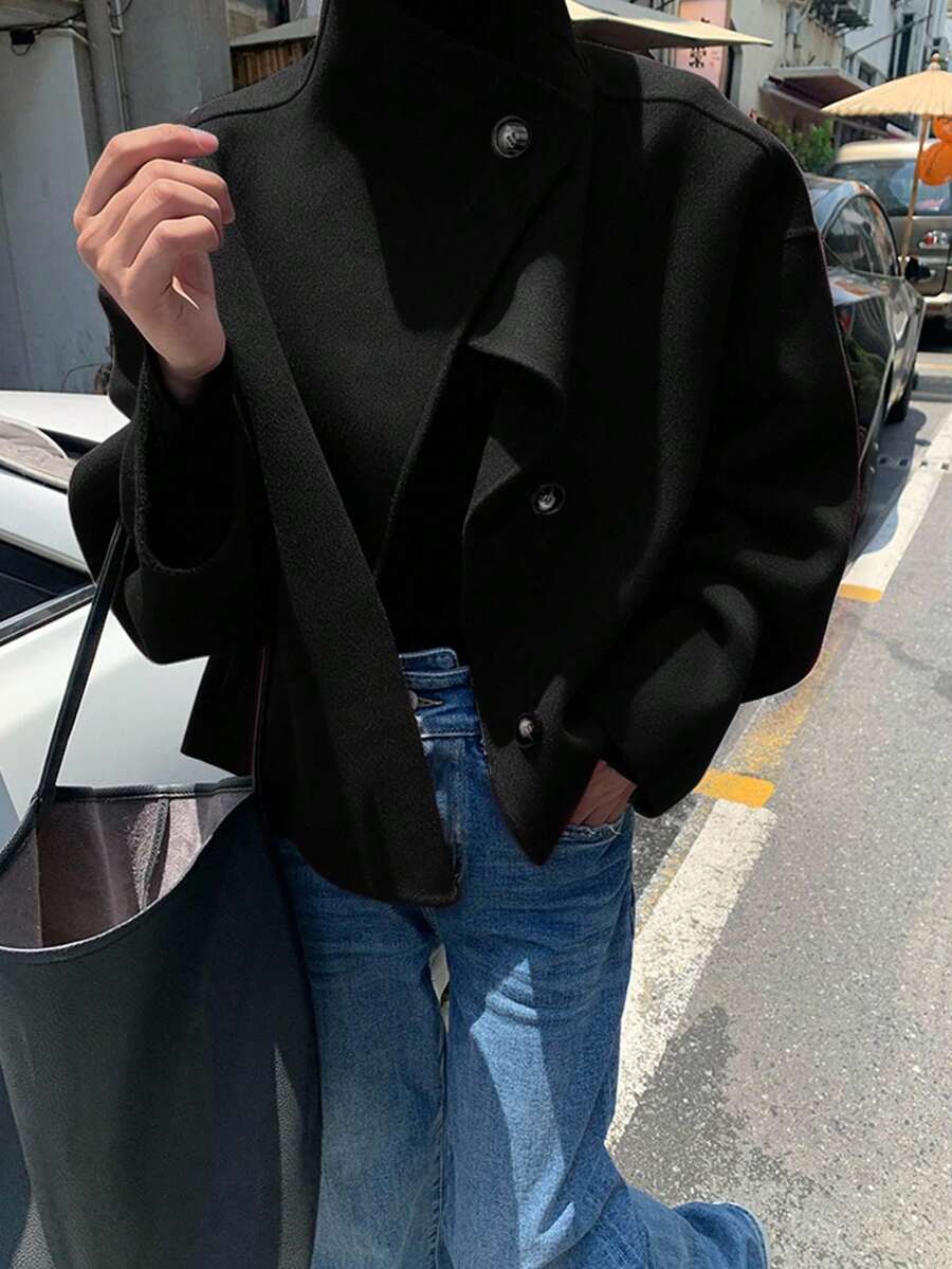 Elodie Asymmetrical Stand Collar Overcoat - view 9