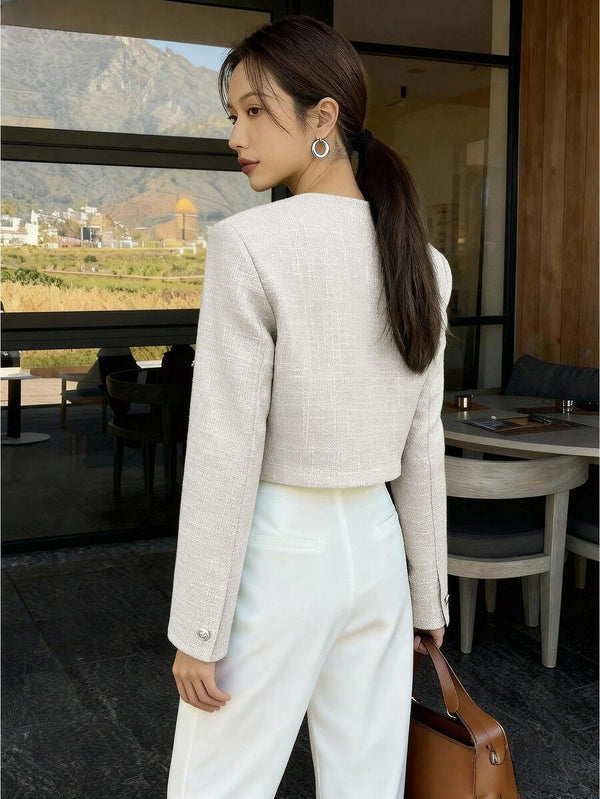 Brynlee | Round Neck Textured Button Front Jacket, Cropped Elegant Coat oaklynwear