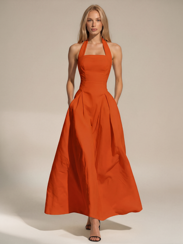 Caitlin | Halter Square Neck Pleated Maxi Dress with Pockets