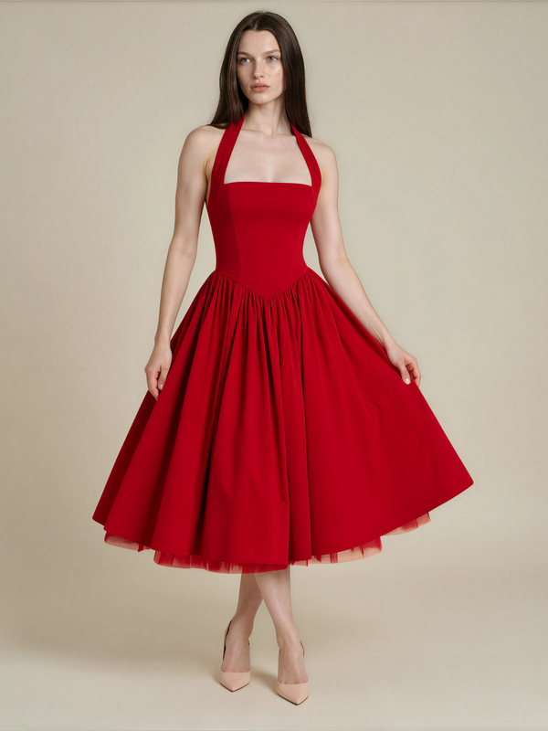Connie | Halter Square Neck Corset Back Midi Dress with Full Skirt