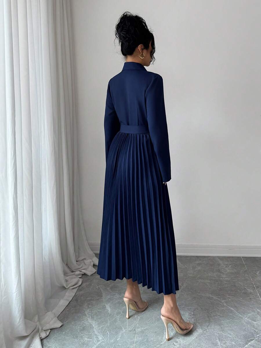 Tabitha Shawl Collar Belted Pleated Tea-Length Dress - view 2