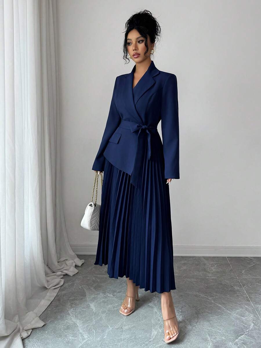 Tabitha Shawl Collar Belted Pleated Tea-Length Dress - view 3