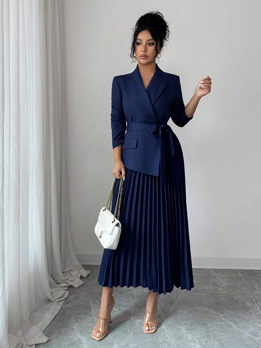 Tabitha Shawl Collar Belted Pleated Tea-Length Dress - view 4