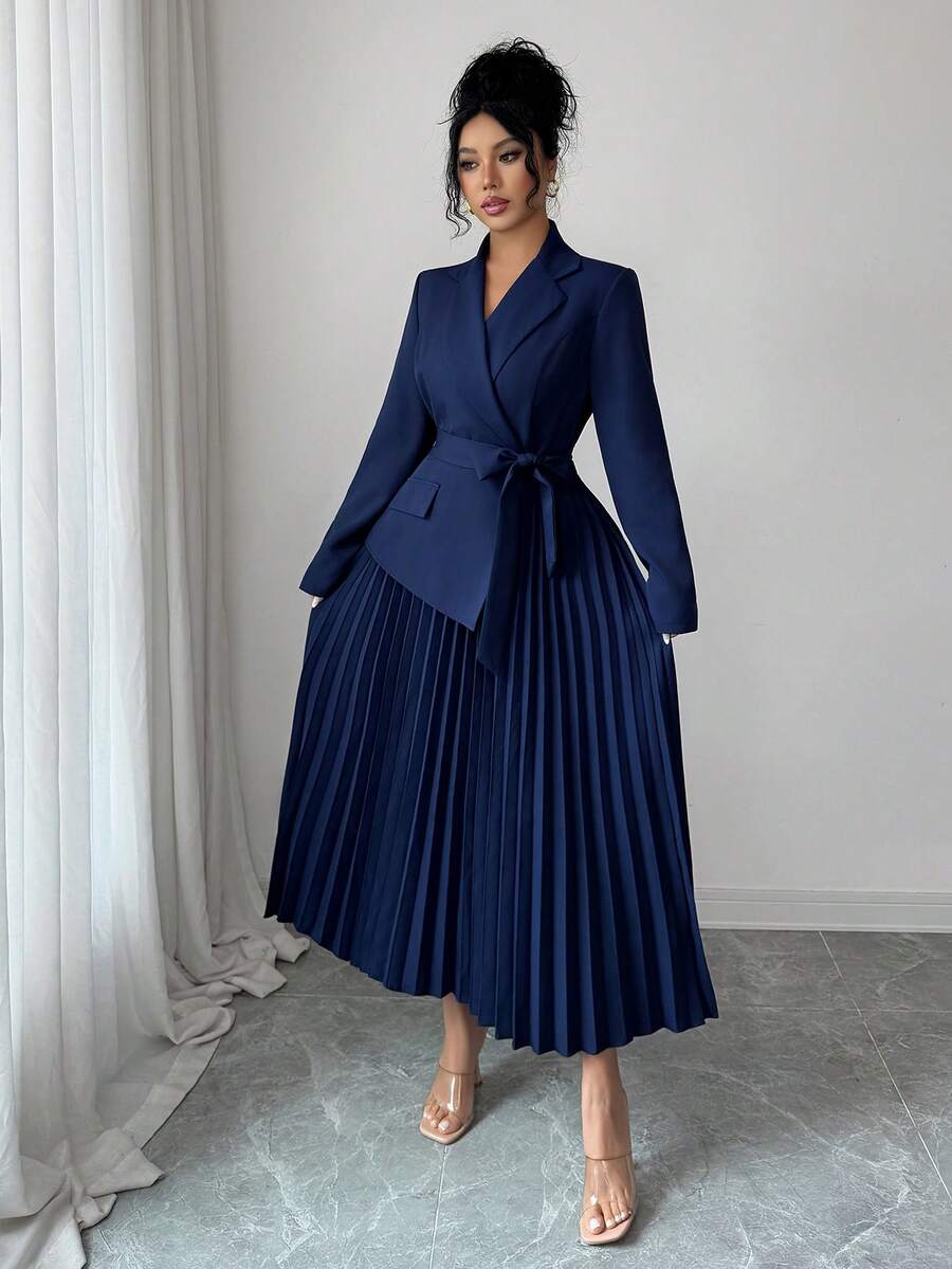 Tabitha Shawl Collar Belted Pleated Tea-Length Dress - view 5