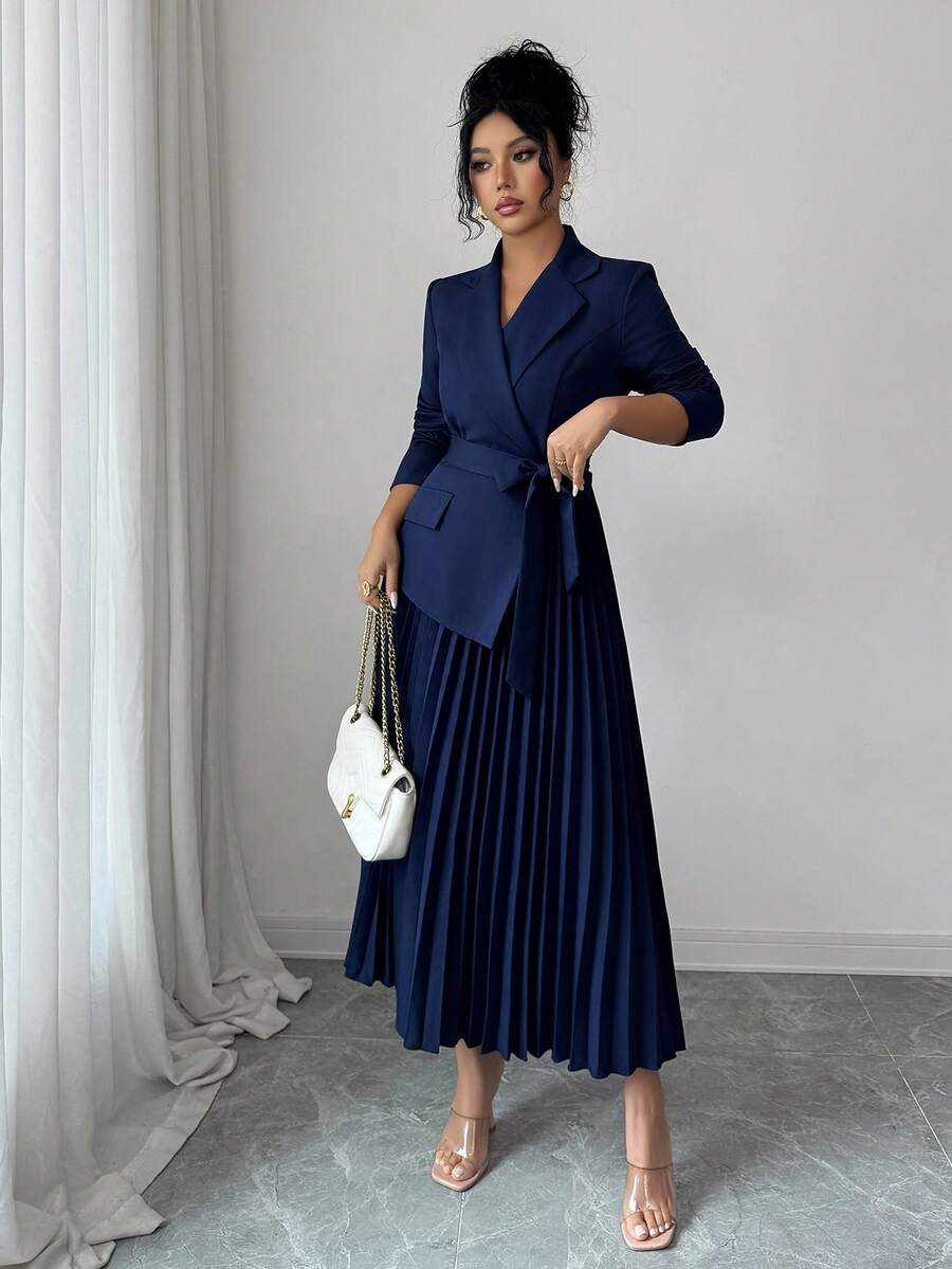 Tabitha Shawl Collar Belted Pleated Tea-Length Dress - front view