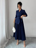 Tabitha Shawl Collar Belted Pleated Tea-Length Dress - front view