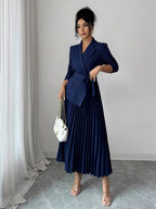 Tabitha Shawl Collar Belted Pleated Tea-Length Dress - front view
