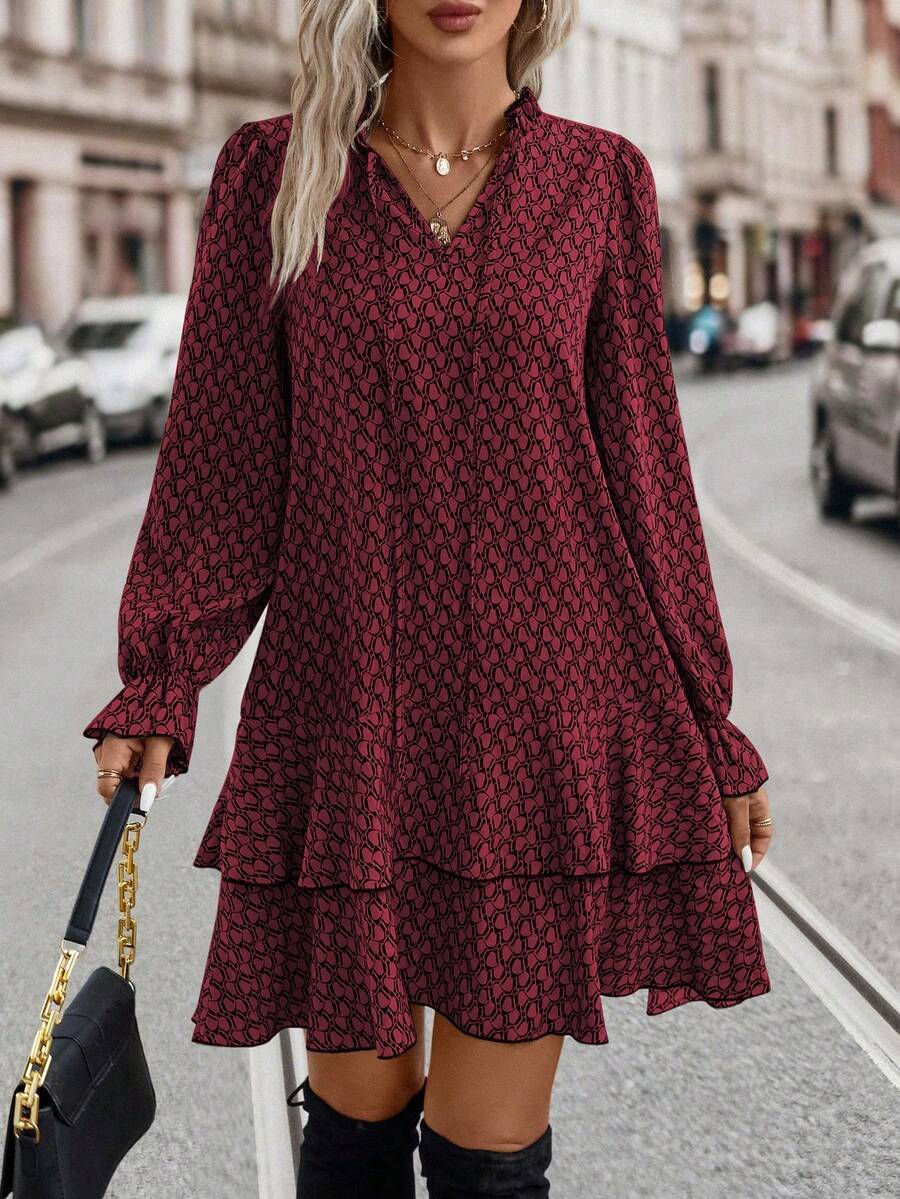 Bex Tie-Neck Flare Sleeve Ruffle Hem Smock Dress - view 10