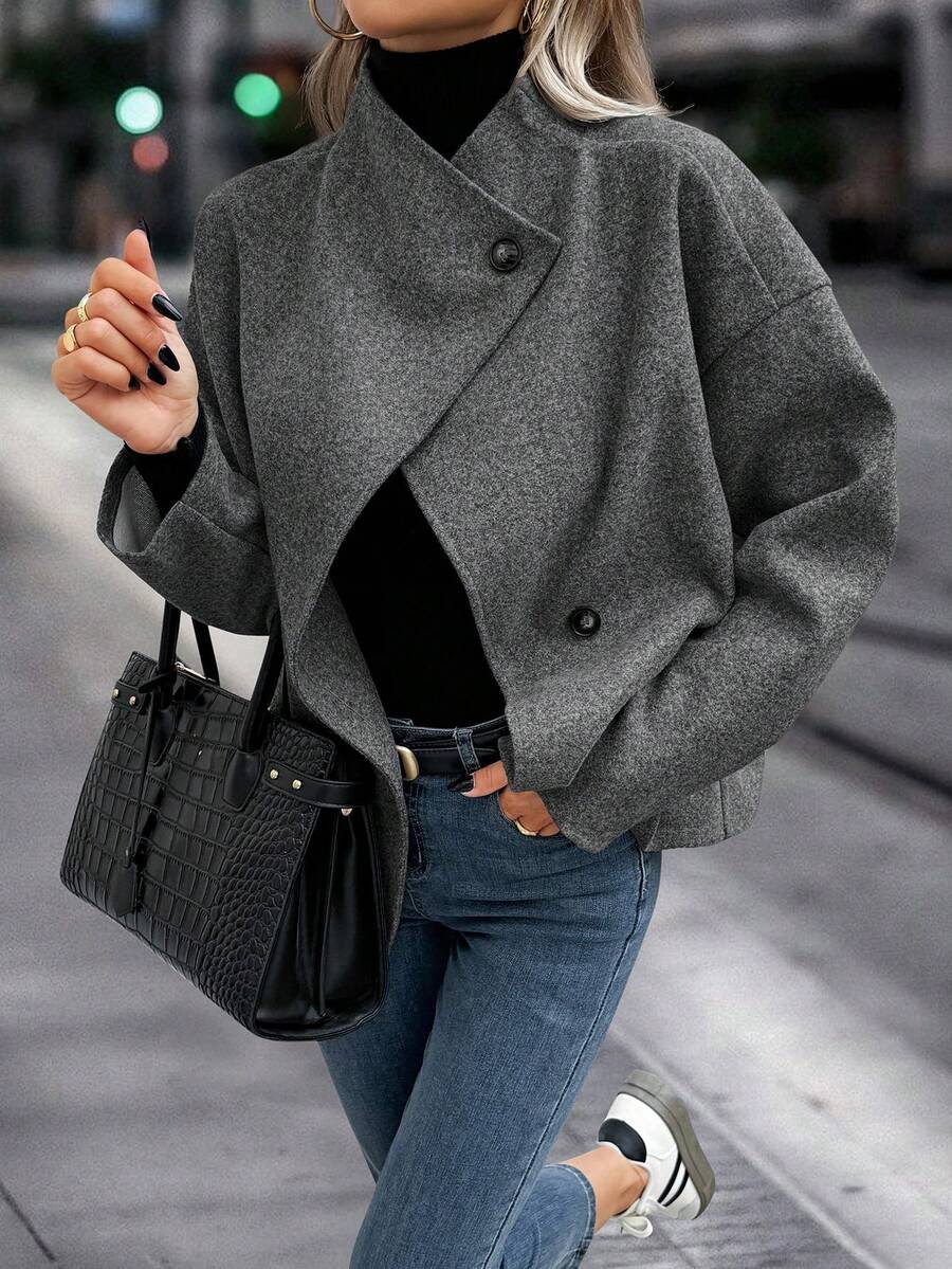 Elodie Asymmetrical Stand Collar Overcoat - front view