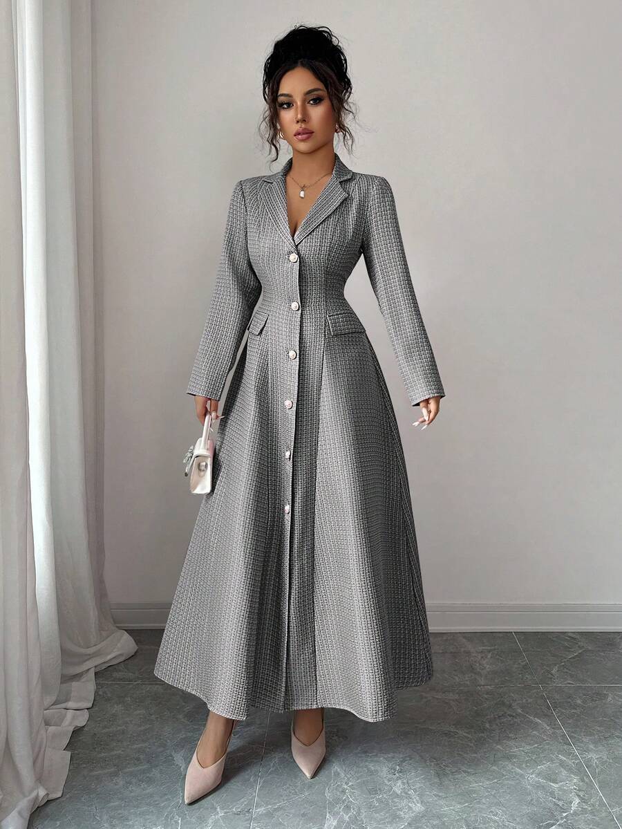 Kit Lapel Button-Front A-Line Long Dress - view 2
