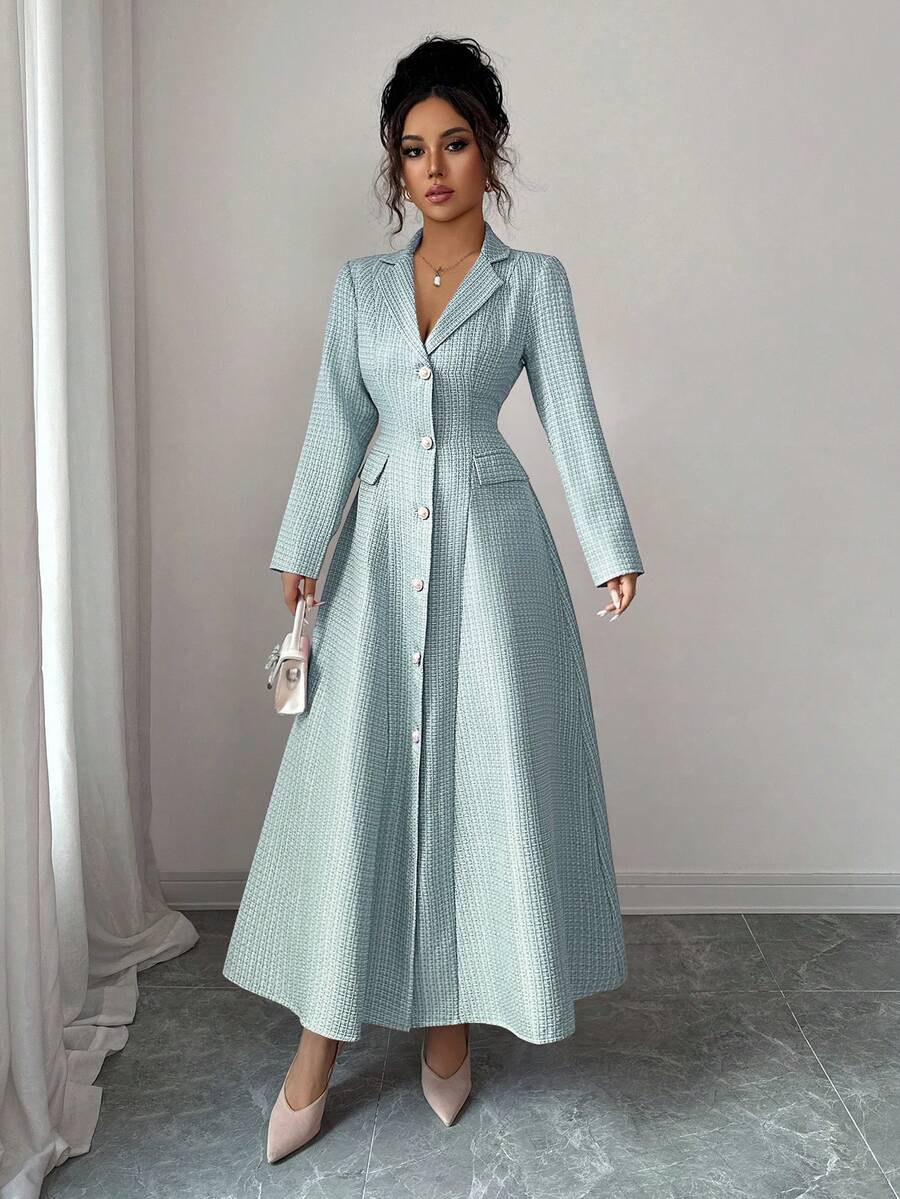 Kit Lapel Button-Front A-Line Long Dress - view 3