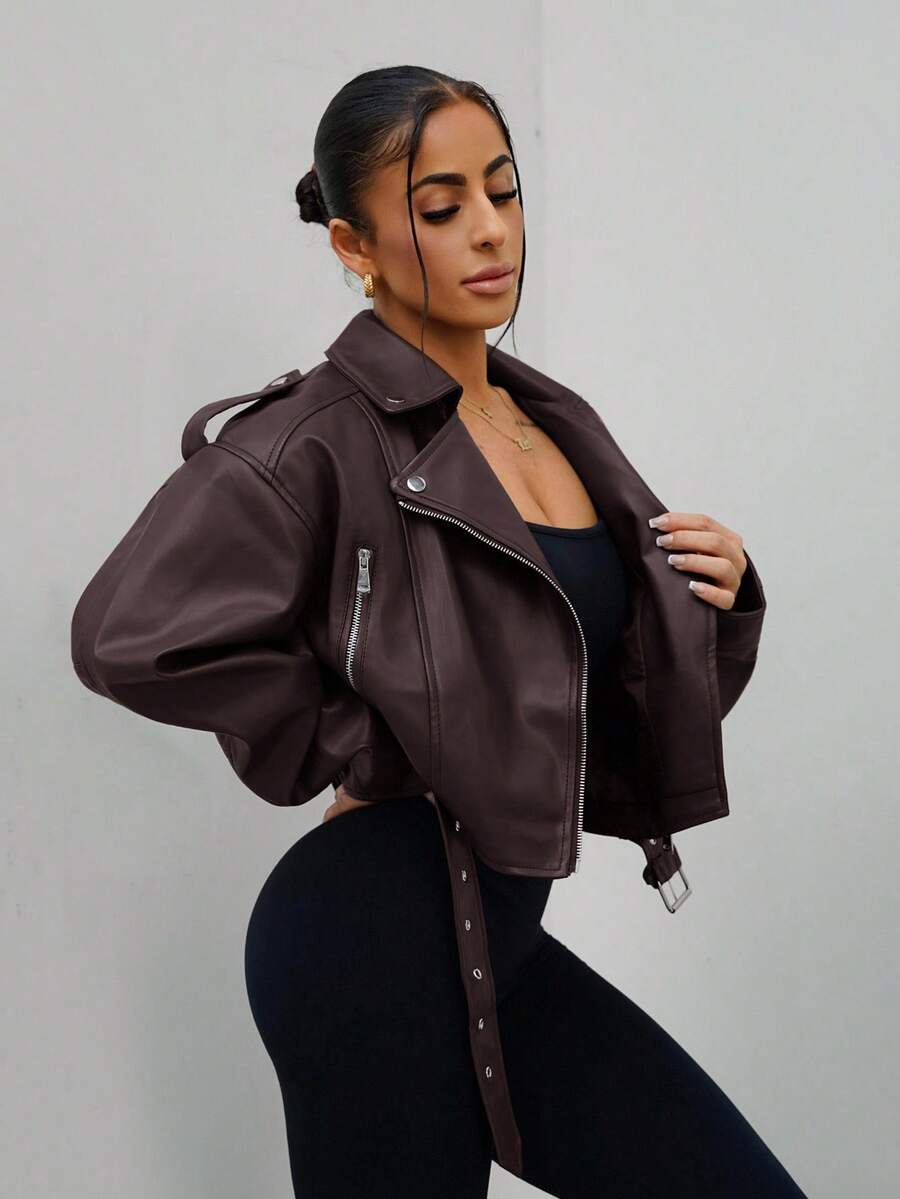 Lark Belted Faux Leather Moto Jacket - view 13