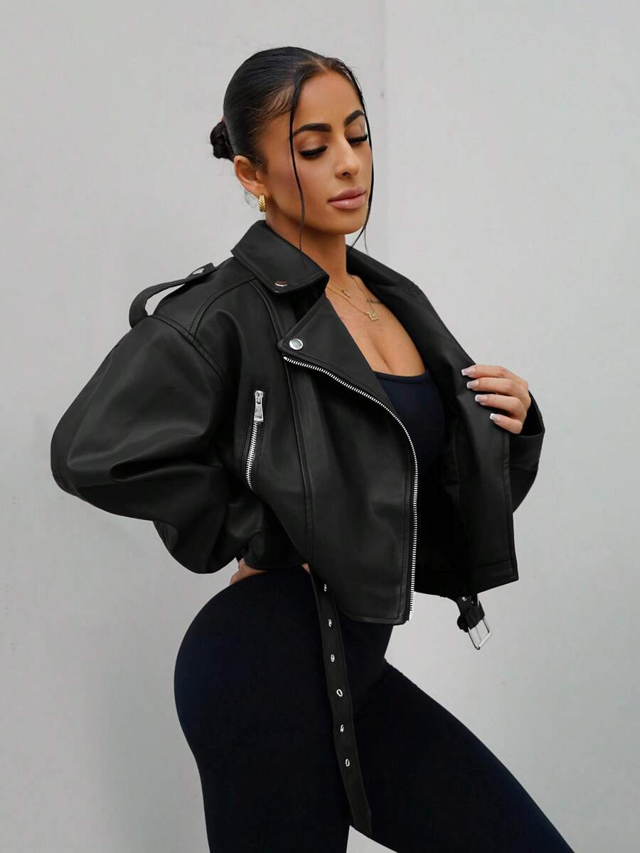 Lark Belted Faux Leather Moto Jacket - view 31