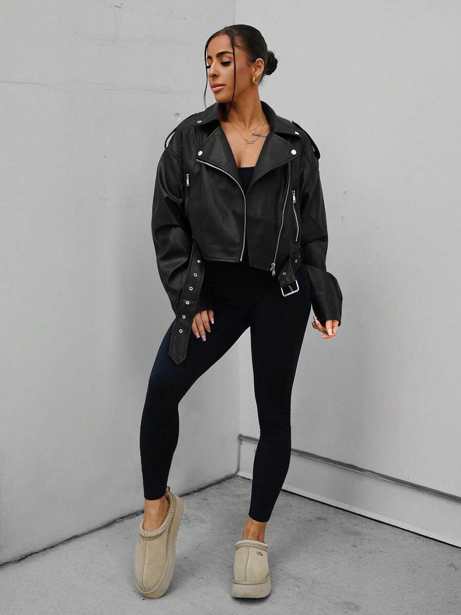 Lark Belted Faux Leather Moto Jacket - view 36