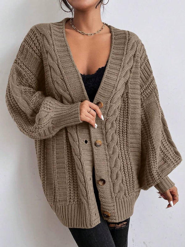 SHEIN Women's Beige Oversized Cable Knit Cardigan,Autumn Everyday Casual Button Front V Neck Bishop Sleeve Solid Plain Long Sleeve Tops oaklynwear