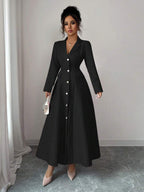 Kit Lapel Button-Front A-Line Long Dress - front view