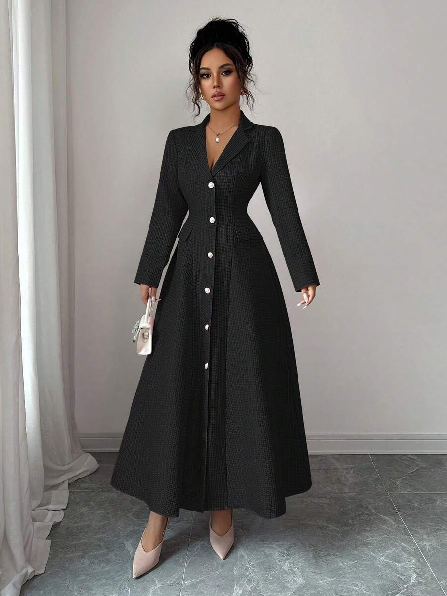 Kit Lapel Button-Front A-Line Long Dress - front view