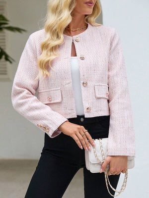 Cecelia | Round Neck Tweed Button Front Jacket, Elegant Cropped Coat oaklynwear