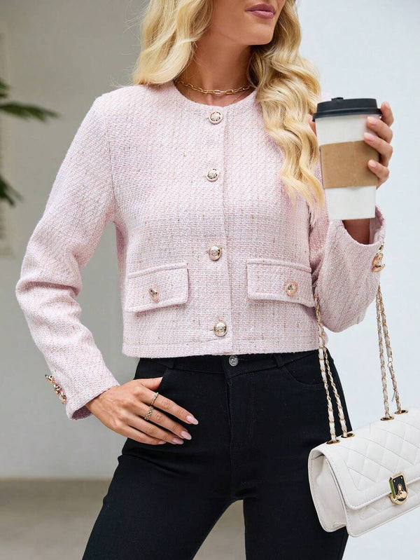 Cecelia | Round Neck Tweed Button Front Jacket, Elegant Cropped Coat oaklynwear