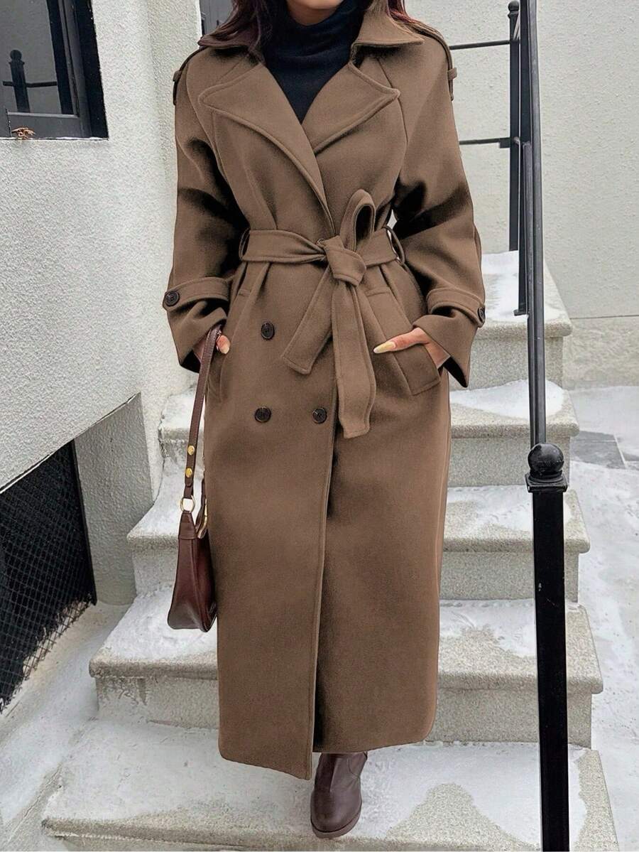 Verity Peak Lapel Belted Trench Coat, Classic Double-Breasted Overcoat - view 7