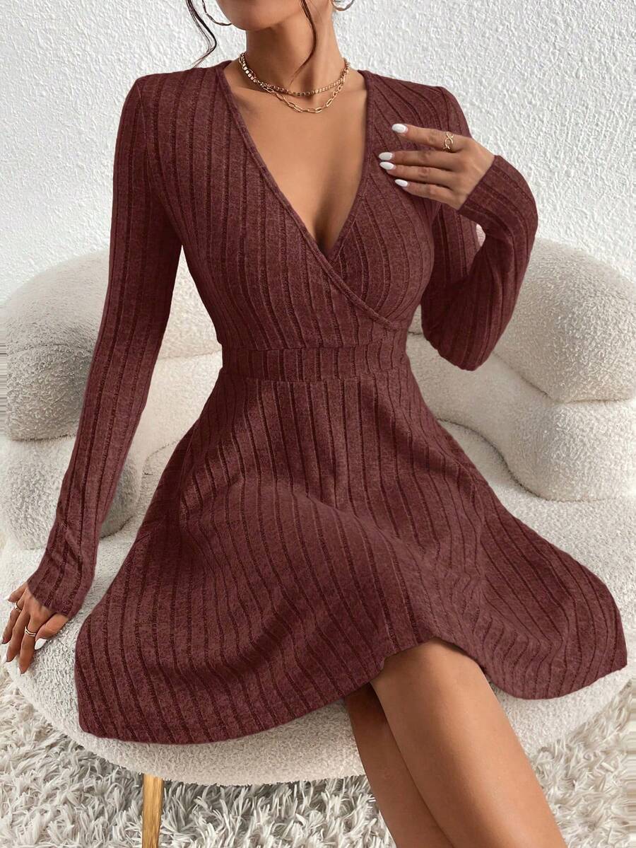 Coco Deep V-Neck Wrap Ribbed Mini Dress - view 7