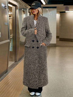 Siren Gaze Women's Autumn/Winter Lapel NeckHerringbone Double-Breasted Long Sleeve Long Casual Overcoat,Fall Brown oaklynwear