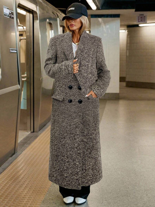 Siren Gaze Women's Autumn/Winter Lapel NeckHerringbone Double-Breasted Long Sleeve Long Casual Overcoat,Fall Brown oaklynwear