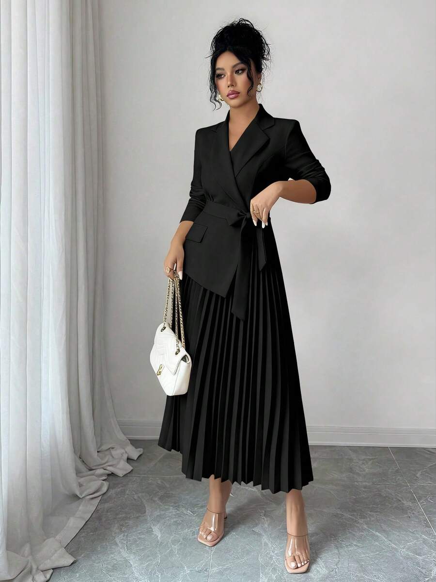Tabitha Shawl Collar Belted Pleated Tea-Length Dress - view 6