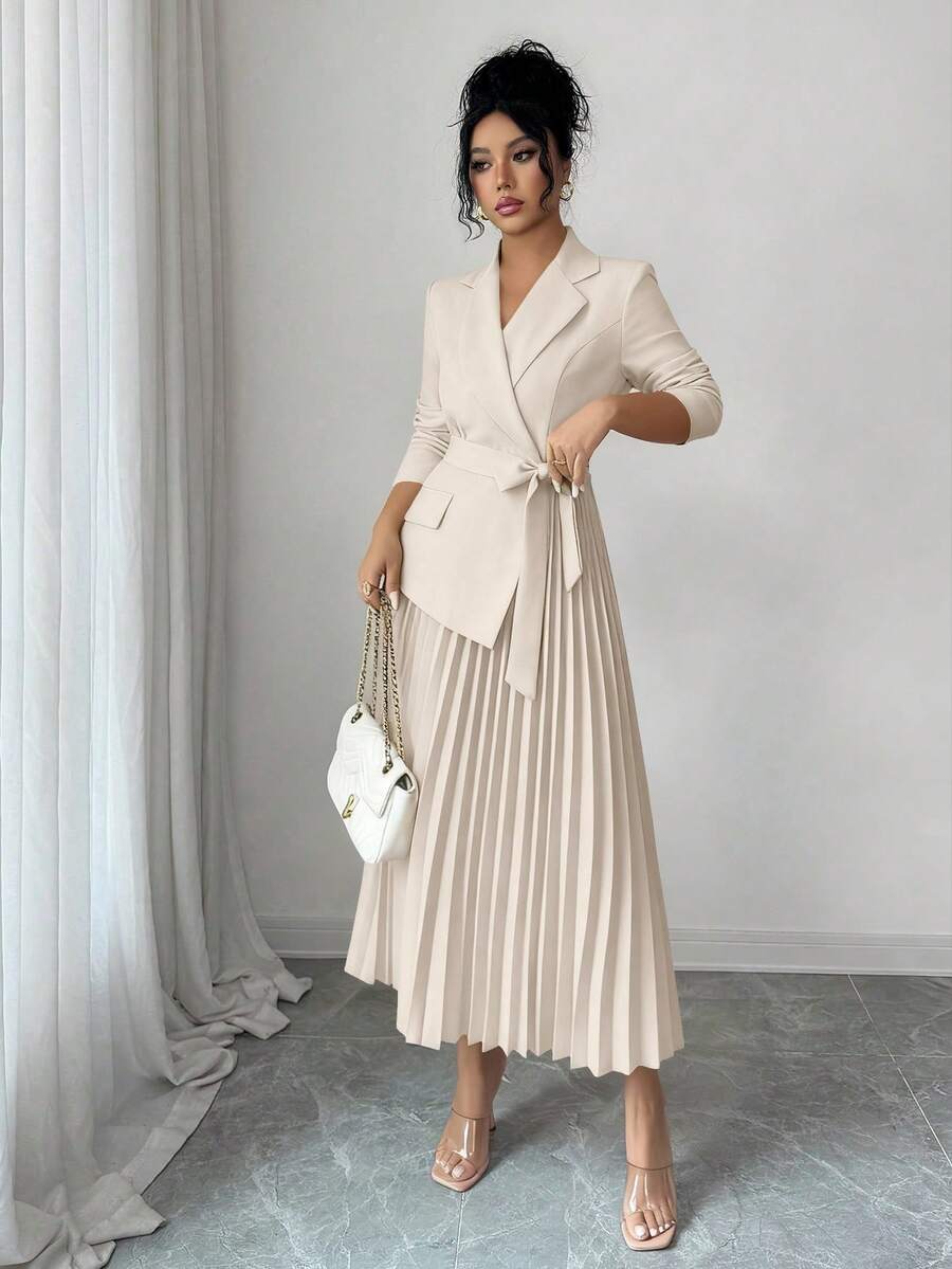 Tabitha Shawl Collar Belted Pleated Tea-Length Dress - view 9