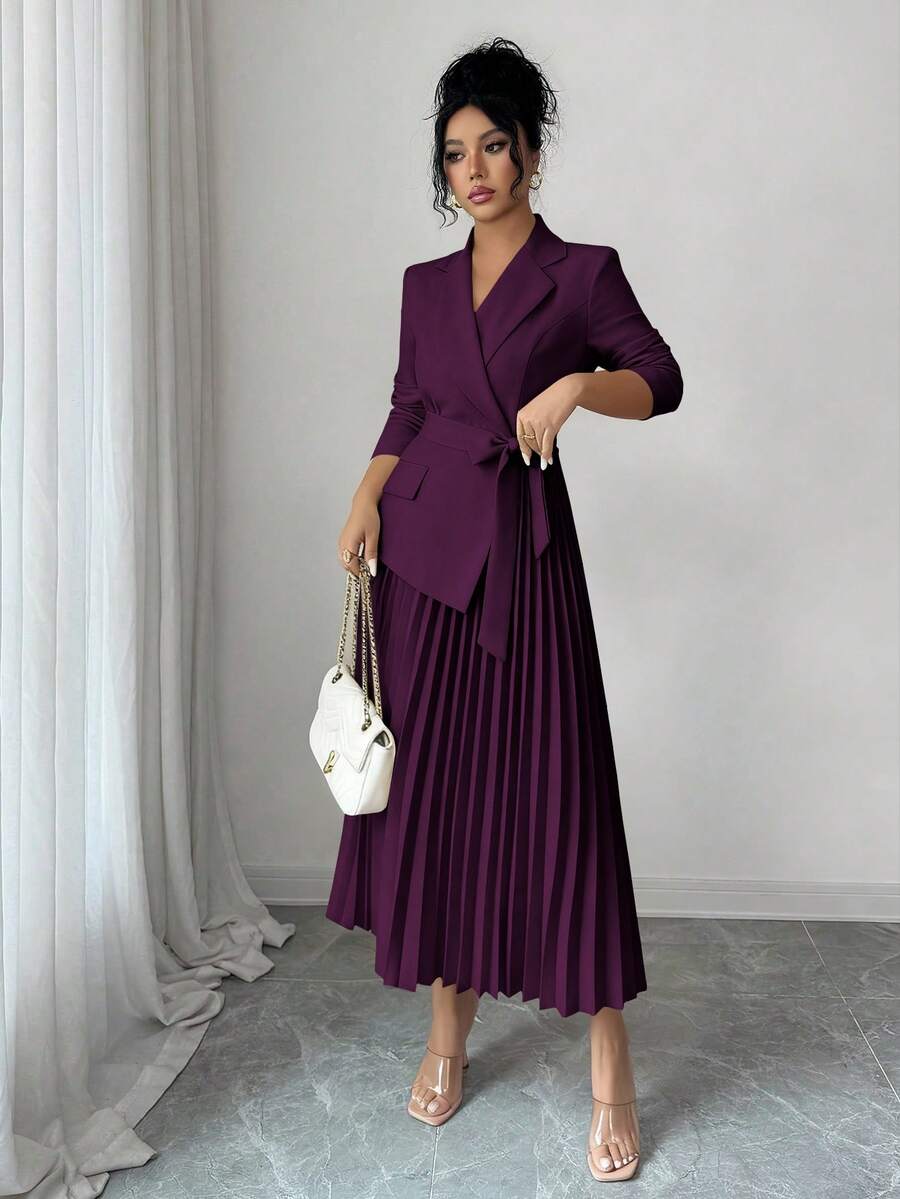 Tabitha Shawl Collar Belted Pleated Tea-Length Dress - view 8