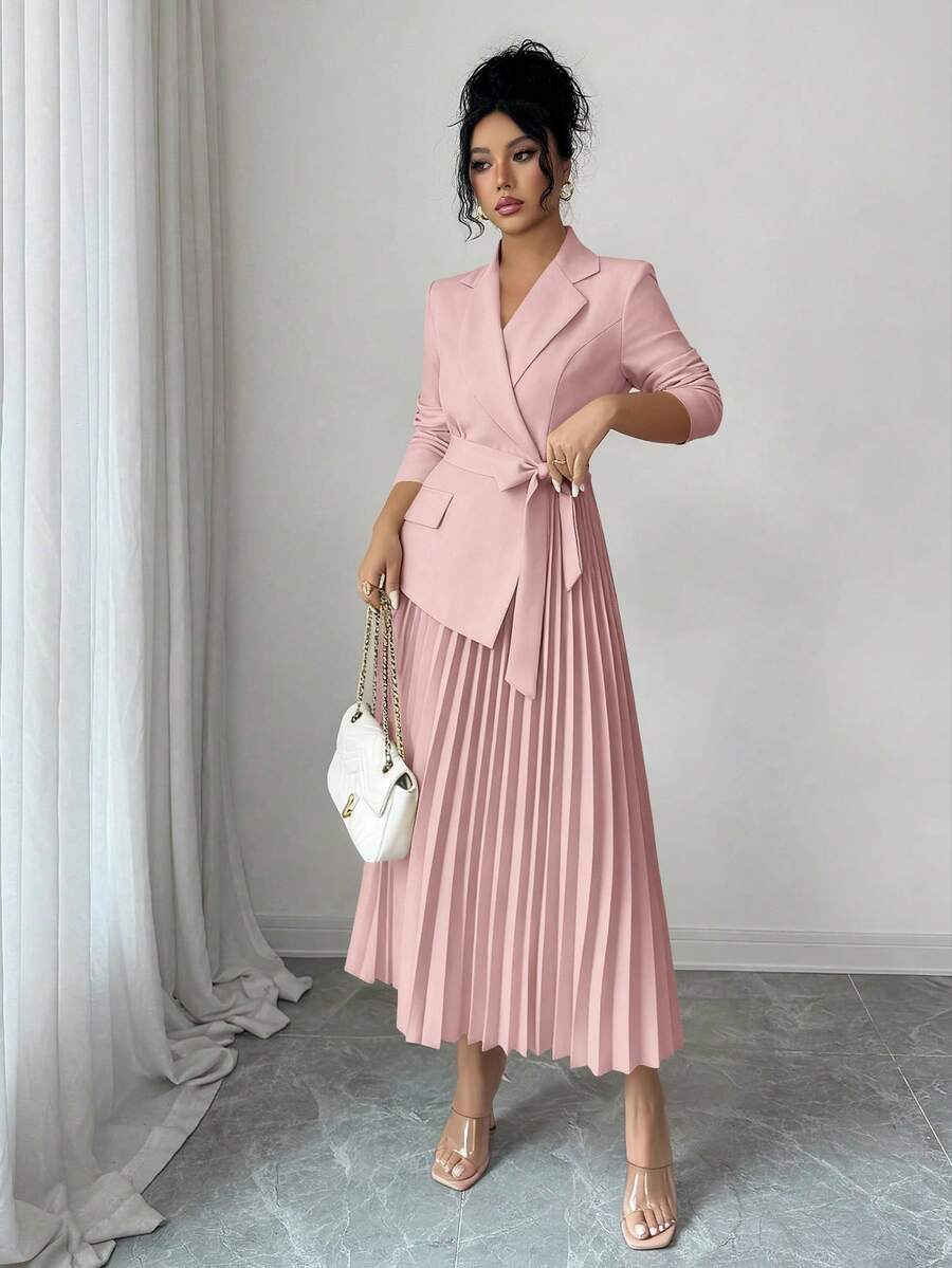 Tabitha Shawl Collar Belted Pleated Tea-Length Dress - view 7