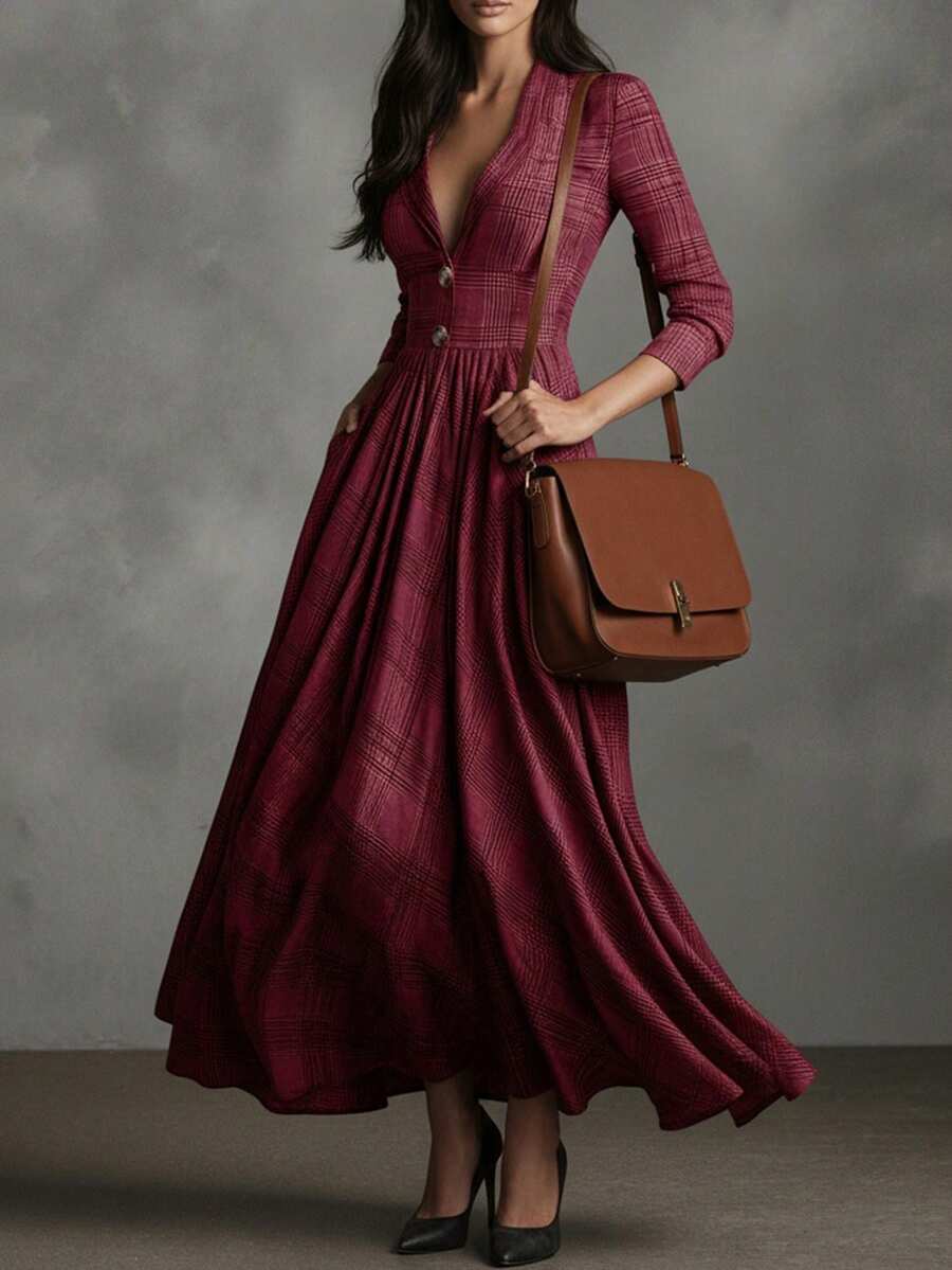 Honey V-Neck Check Pleated Maxi Dress - view 7