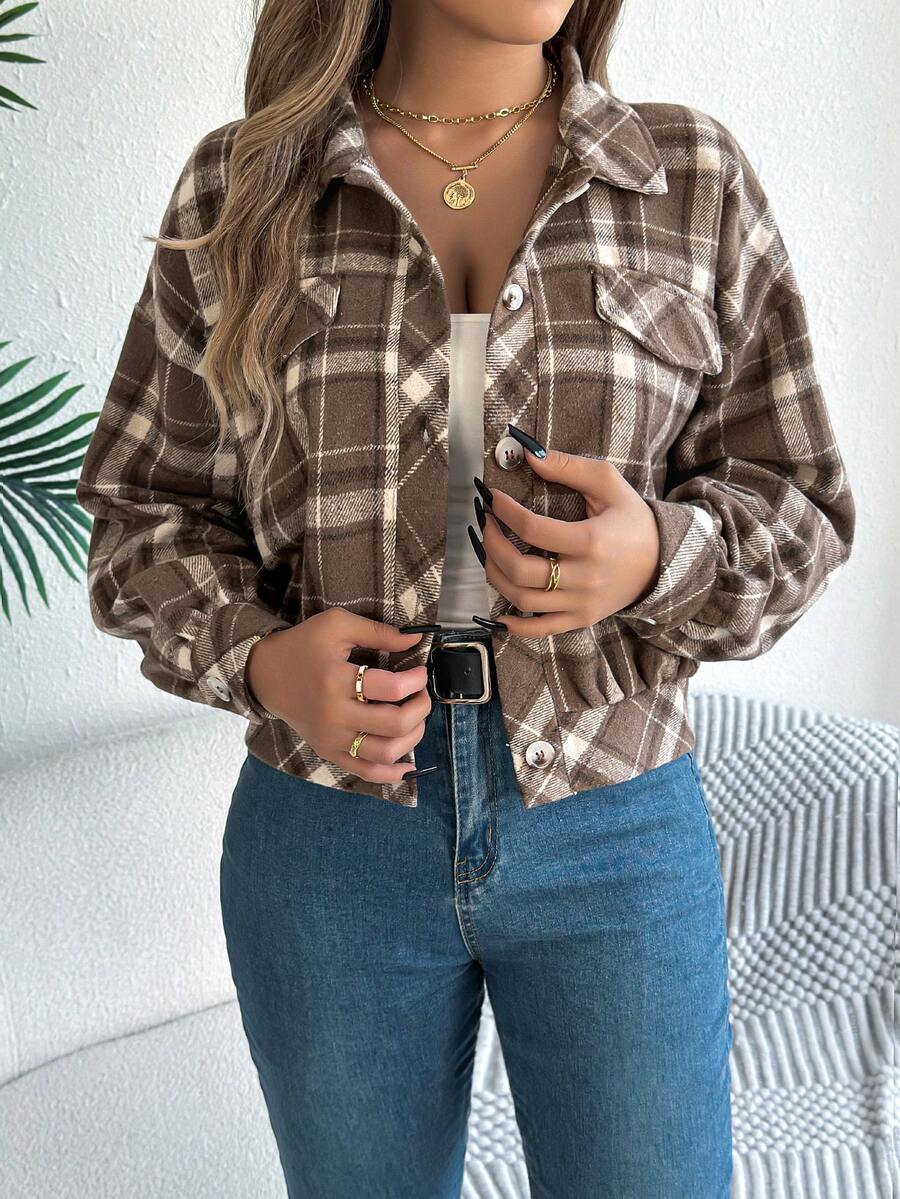 Neve Plaid Cropped Jacket with Lantern Sleeves - view 5