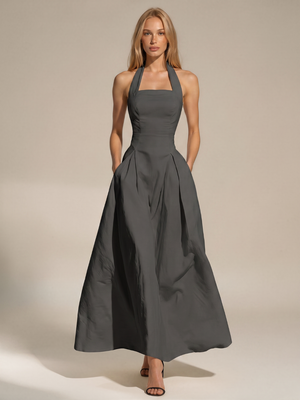 Caitlin | Halter Square Neck Pleated Maxi Dress with Pockets