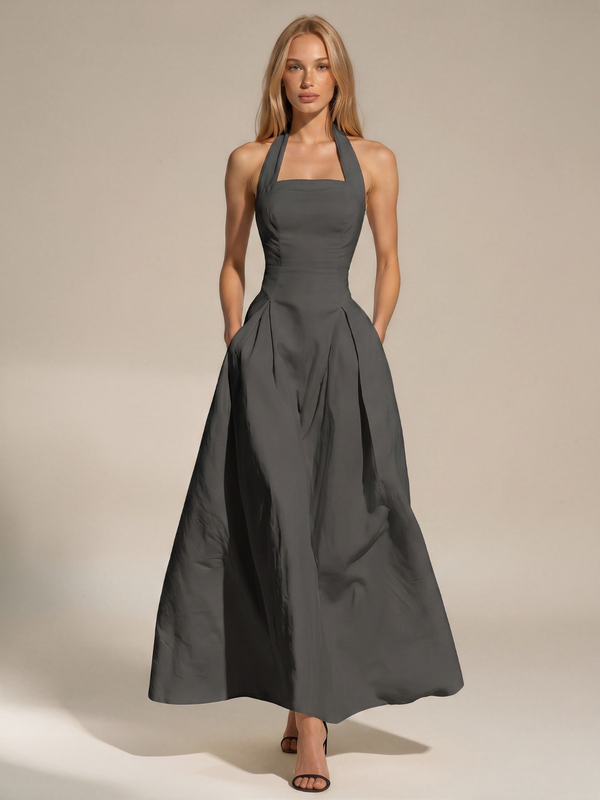 Caitlin | Halter Square Neck Pleated Maxi Dress with Pockets